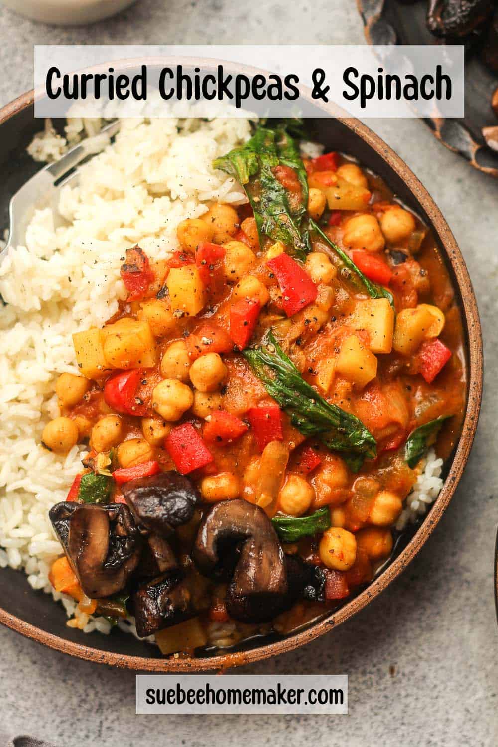 A bowl of chickpea curry with spinach and rice.