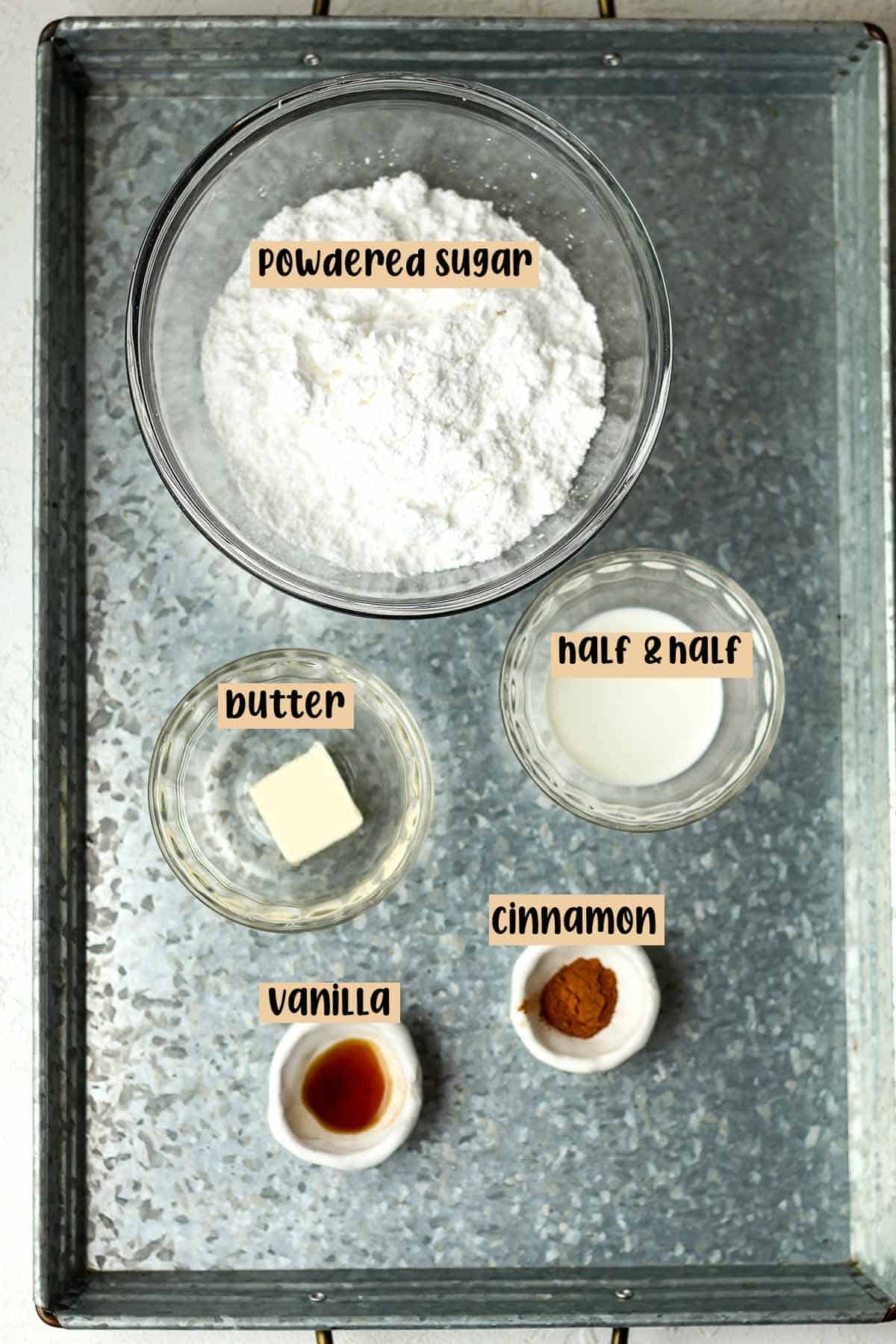 The cinnamon icing ingredients, labeled.