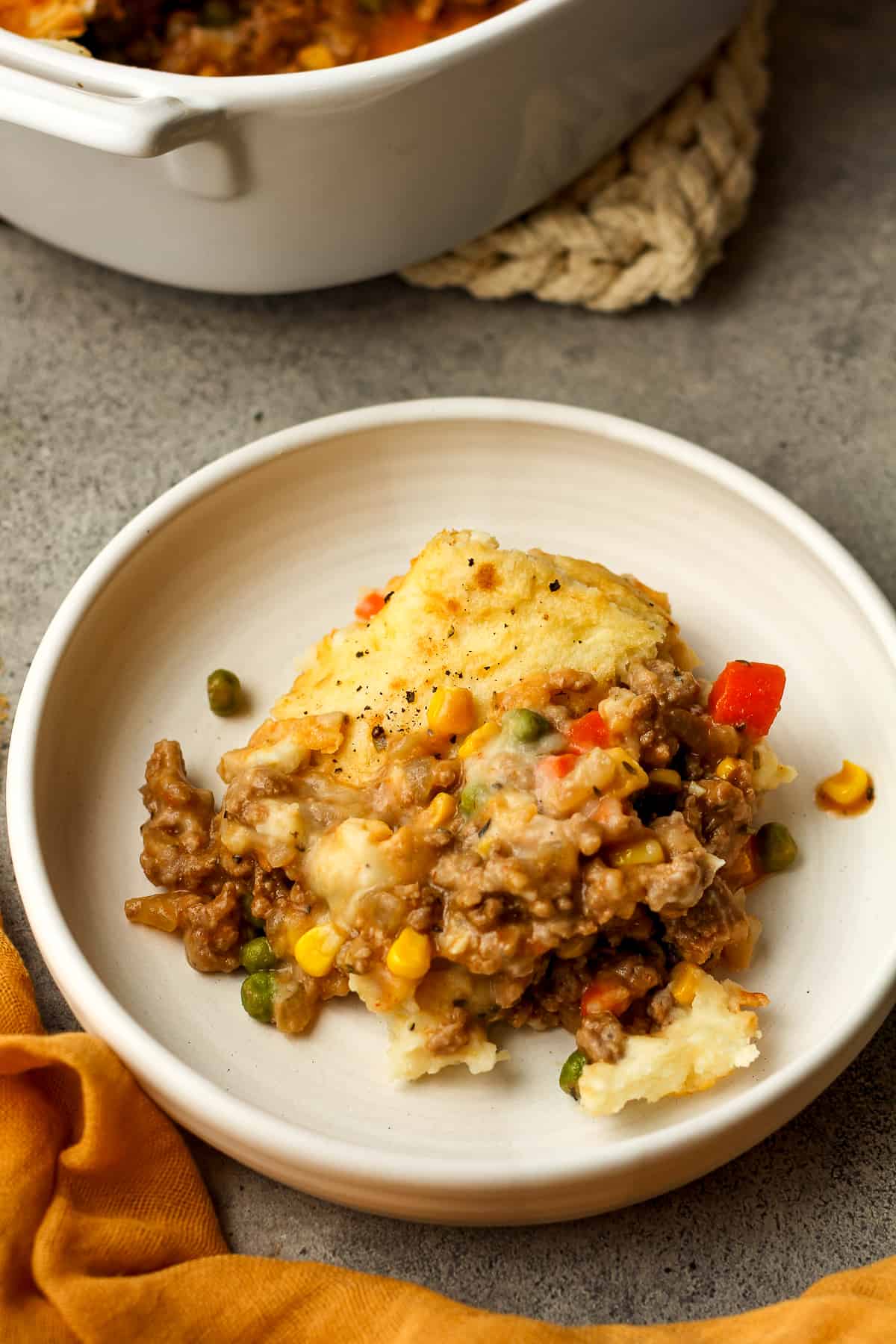 Side view of a serving of shepherd's pie with ground turkey.