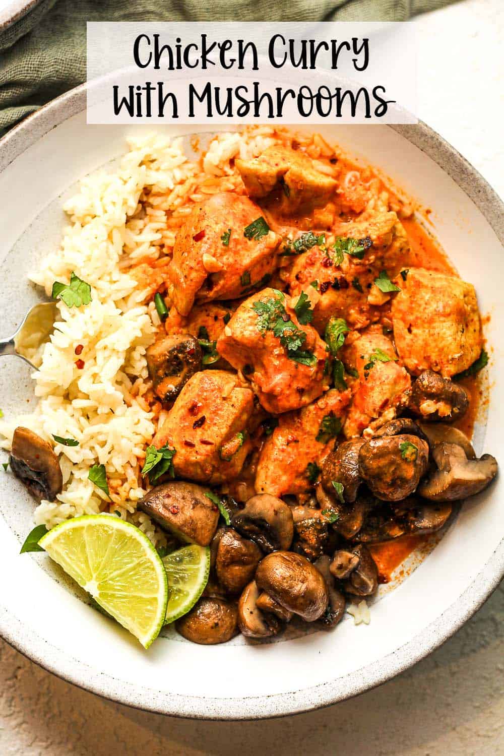 A bowl of chicken curry with mushrooms over rice.