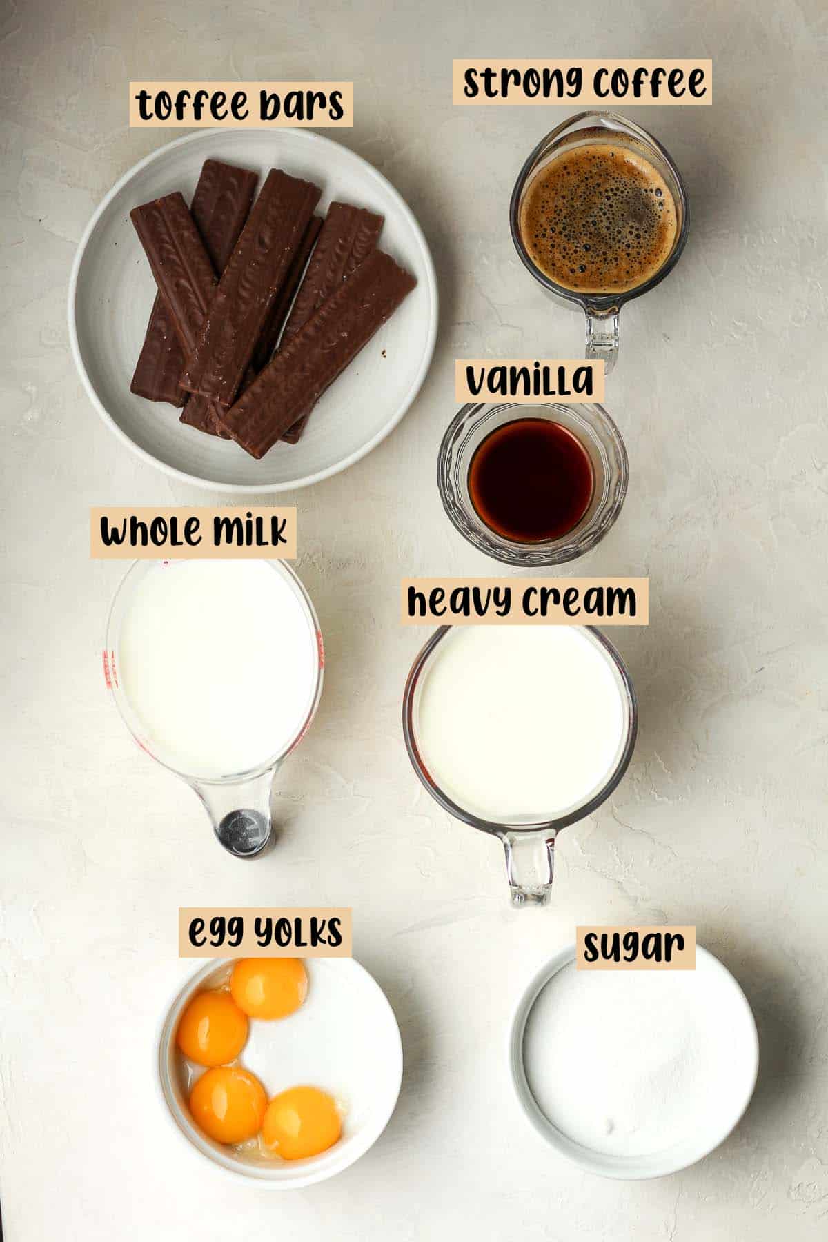 The labeled ingredients for coffee toffee ice cream.