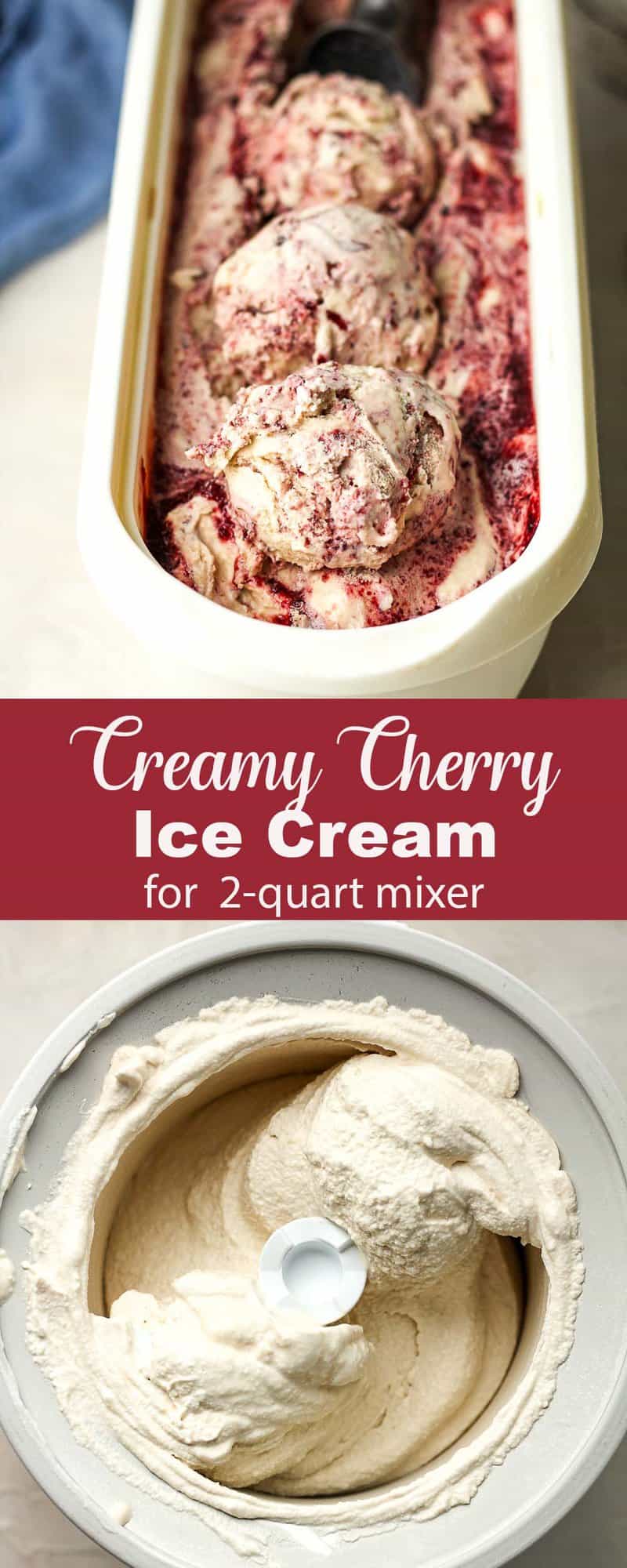 A collage of two pics for creamy cherry ice cream.