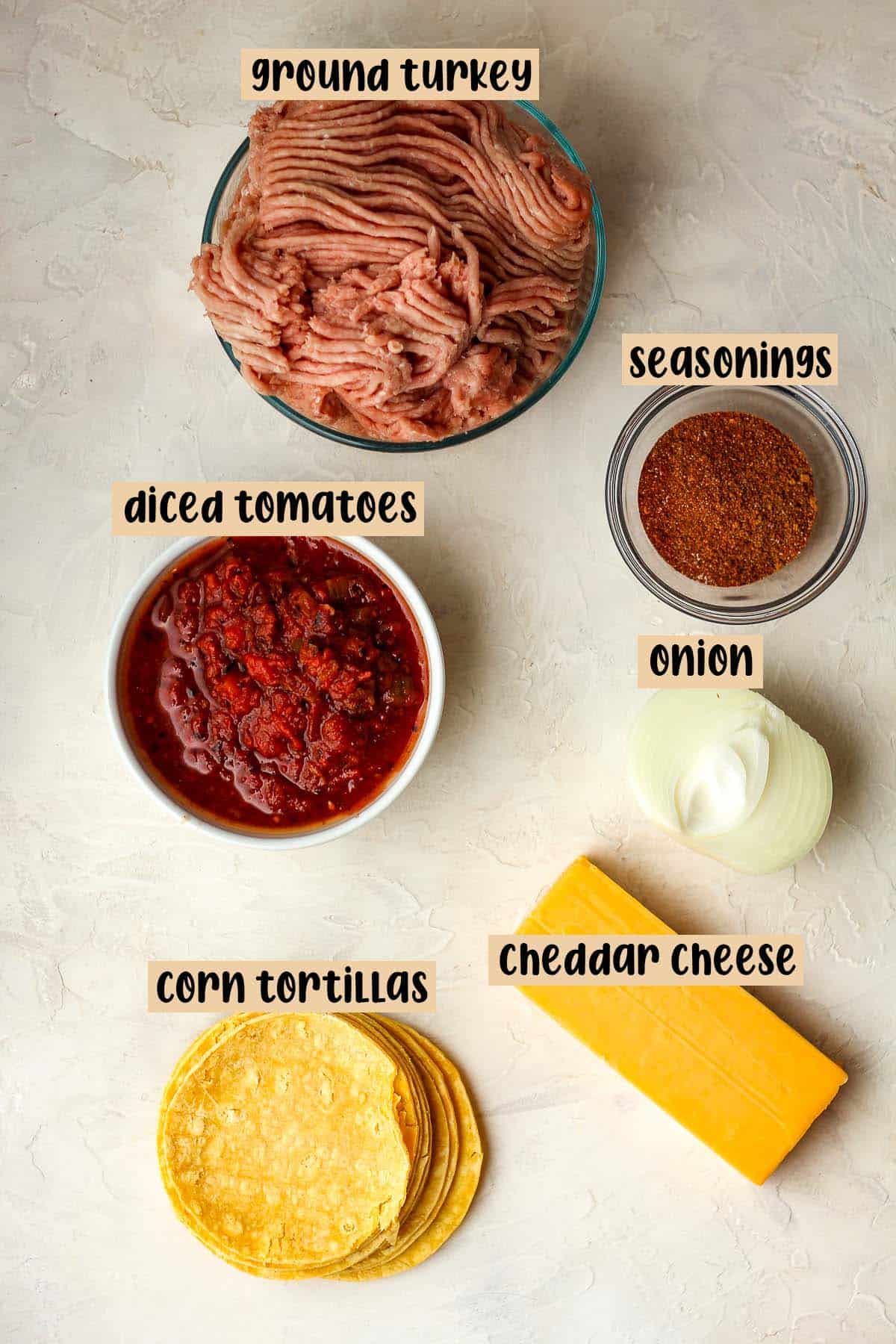 Labeled ingredients for walking taco casserole.