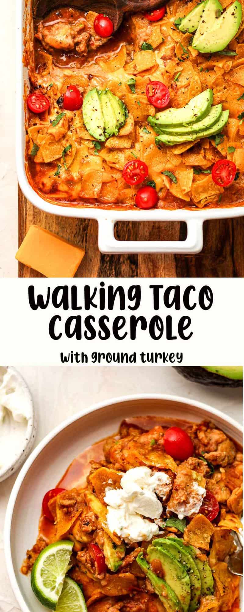 A long pin with the taco casserole and a serving of the casserole.
