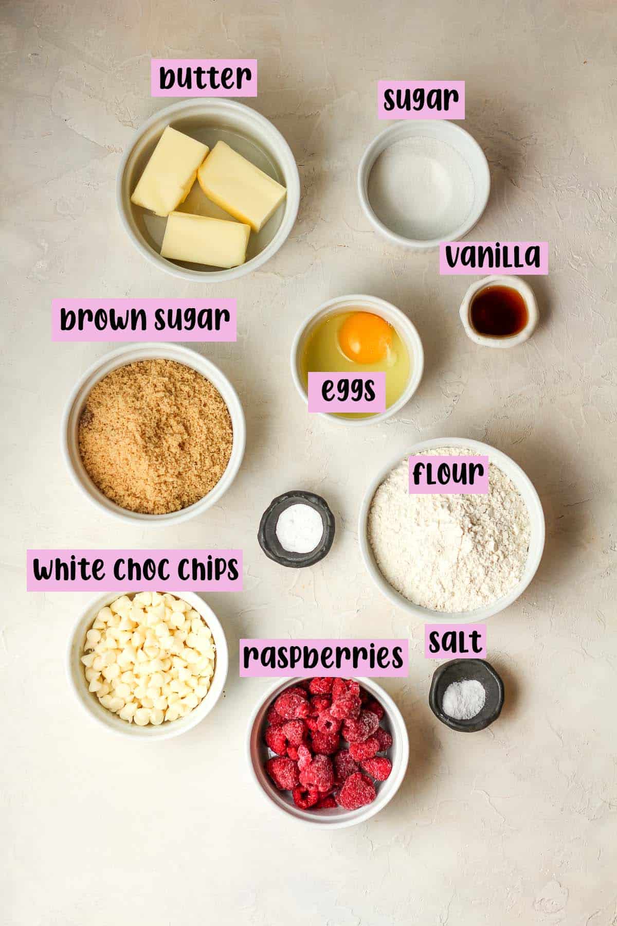 The labeled ingredients for white choc and raspberry blondies.
