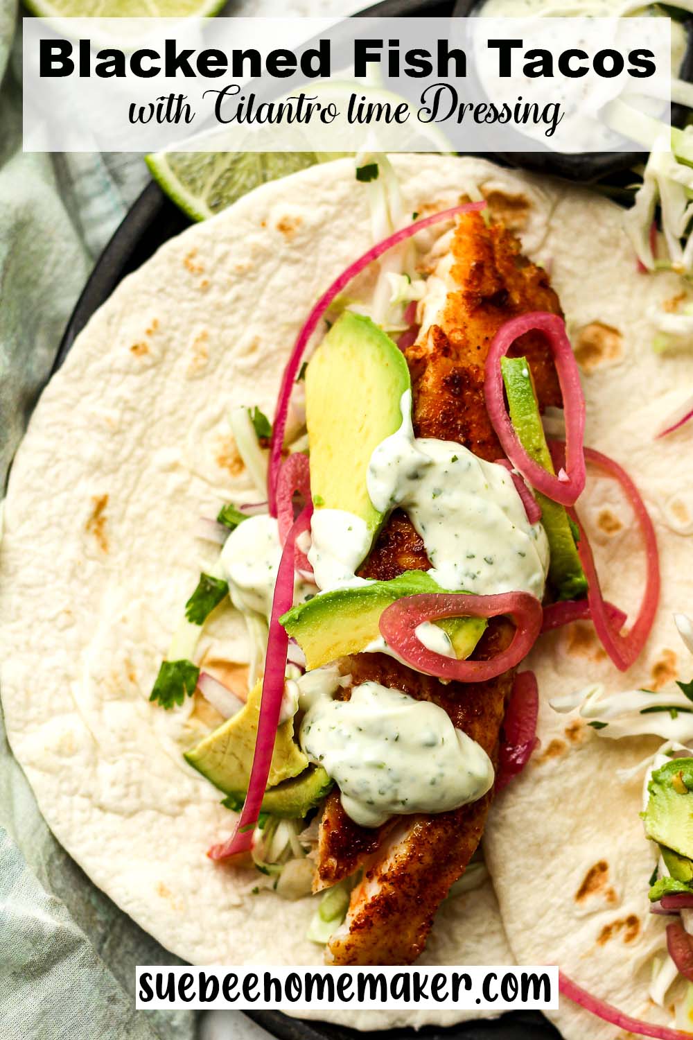 A blackened fish taco with cilantro lime dressing, avocado, and slaw.