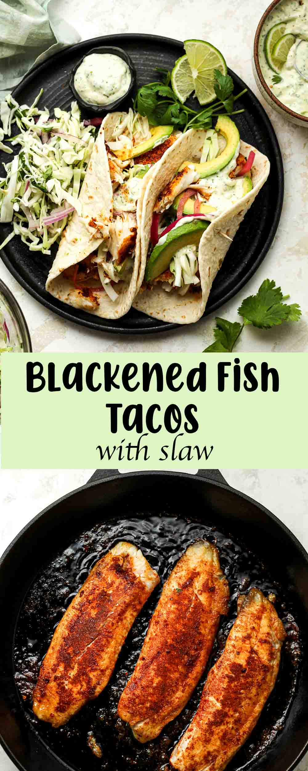 A collage of blackened fish tacos with slaw.