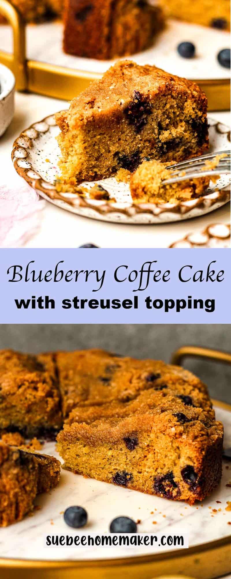 A collage of side views of blueberry coffee cake with streusel topping.