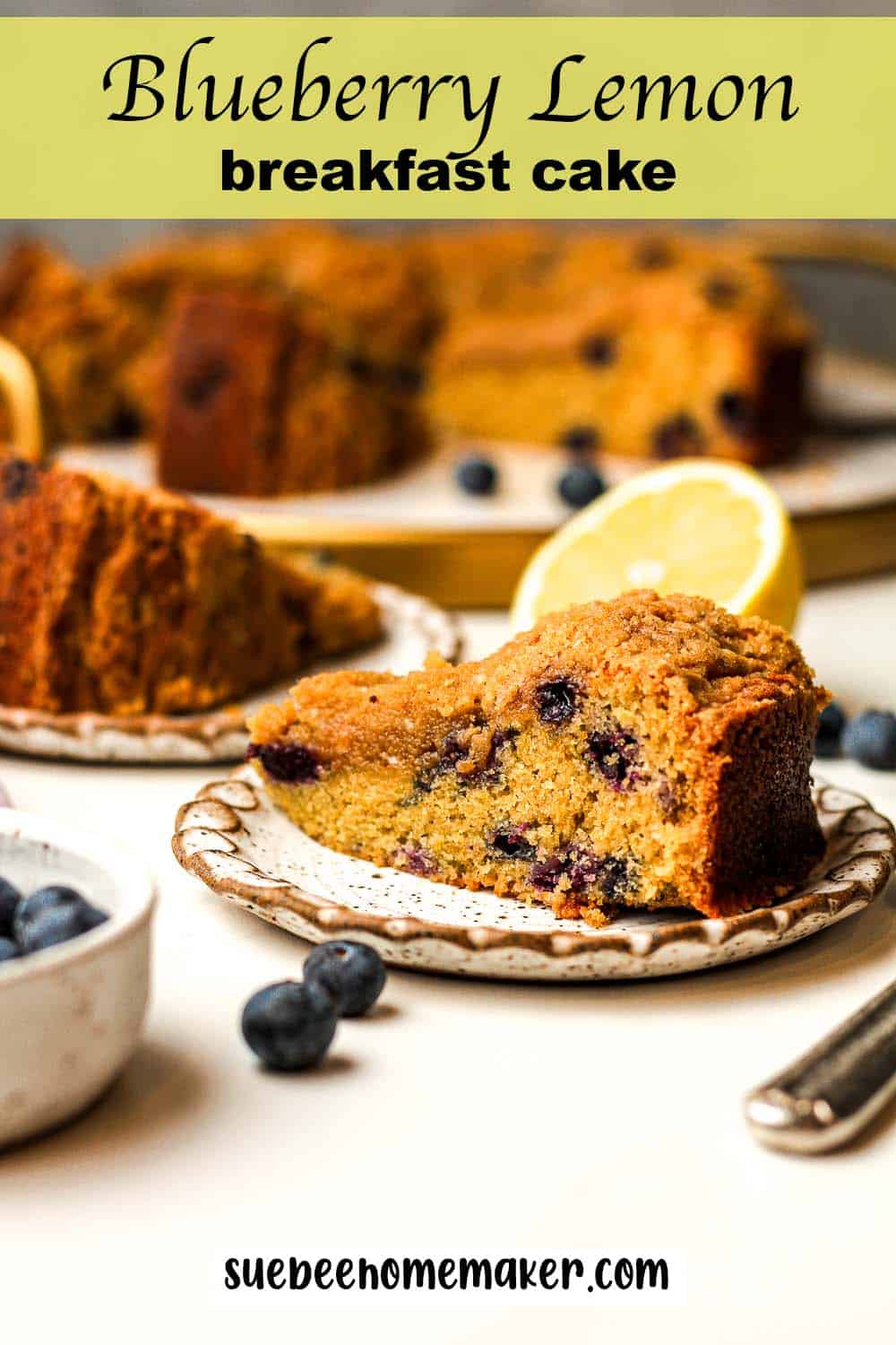 A side view of a plate of blueberry lemon breakfast cake.