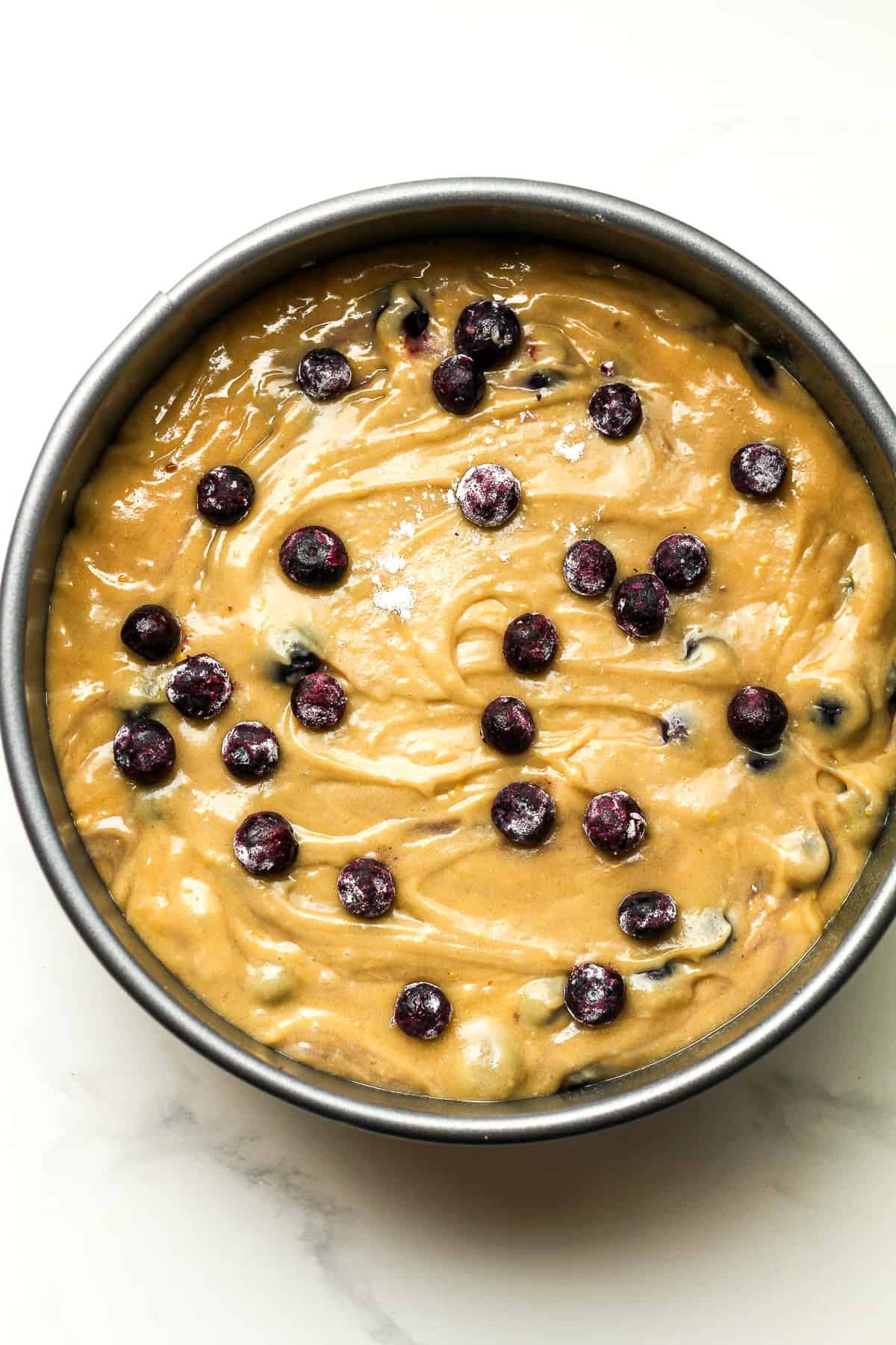 A springform pan with the batter and blueberries on top.