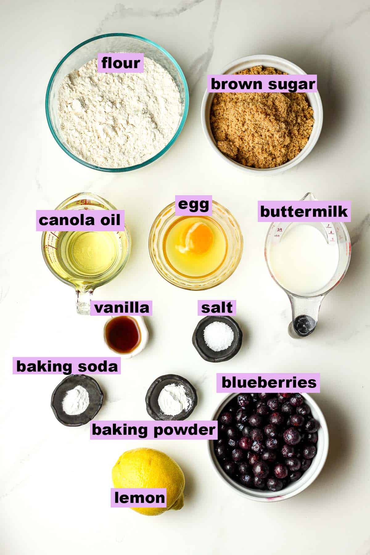 The labeled ingredients for blueberry lemon coffee cake.