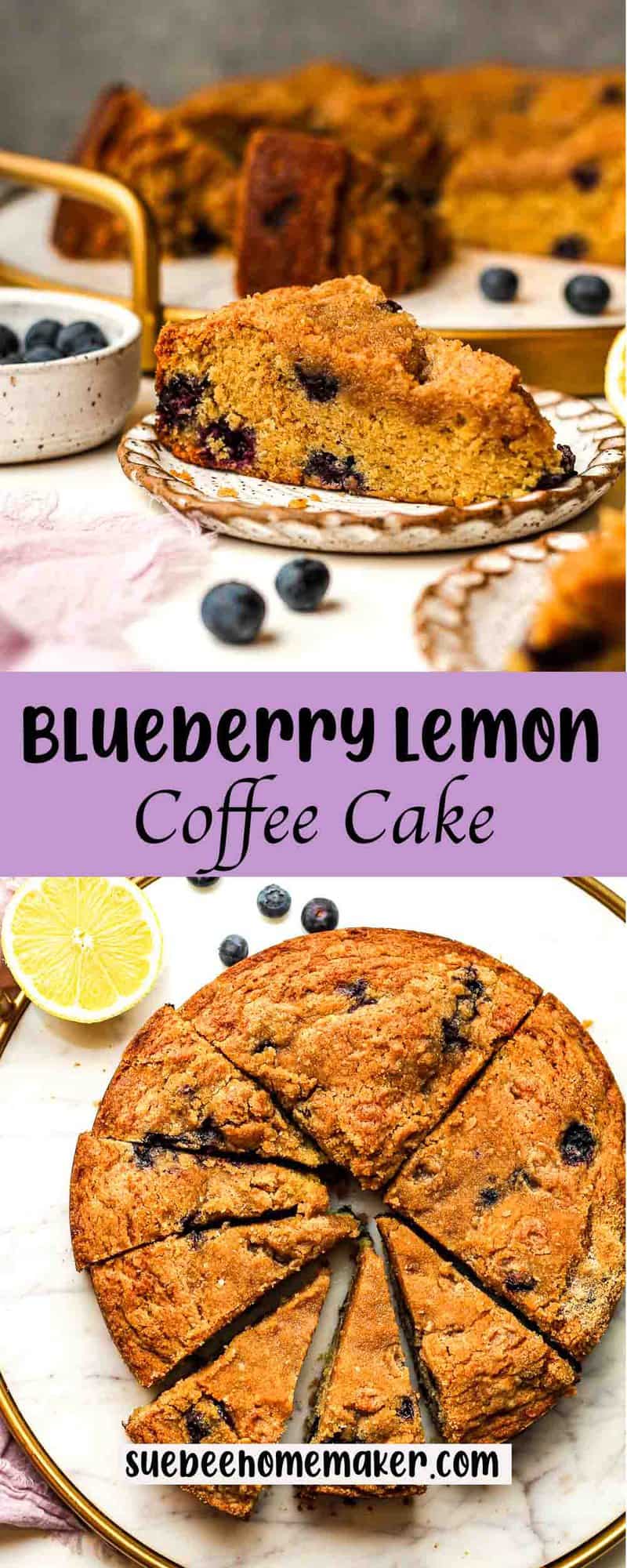 A collage of blueberry lemon coffee cake photos.