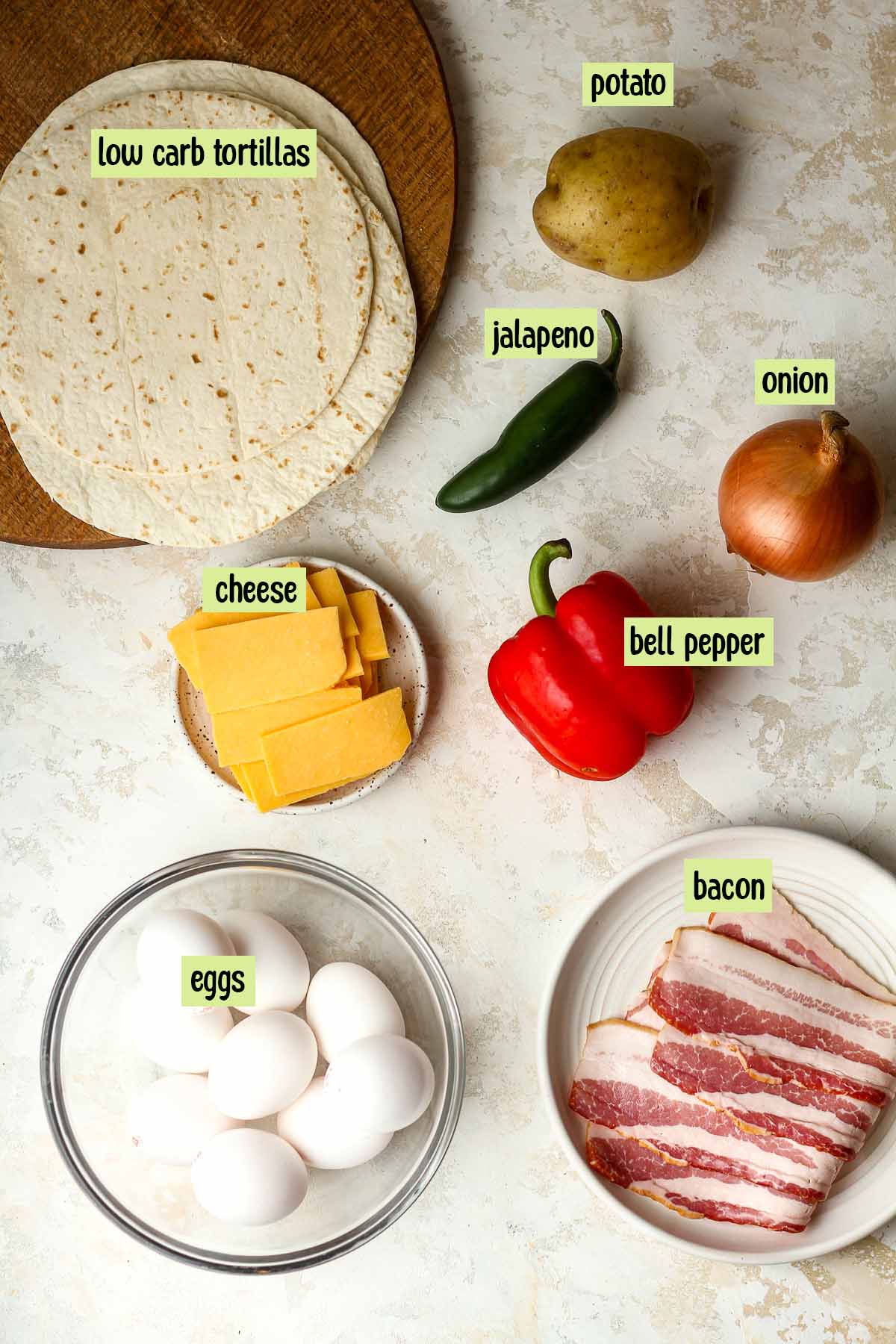 Labeled ingredients for the breakfast burritos.