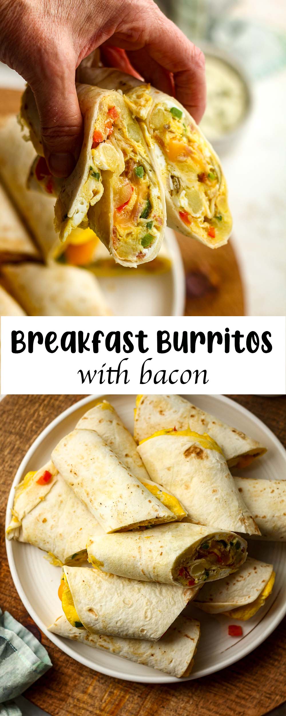 A collage of breakfast burritos with bacon.