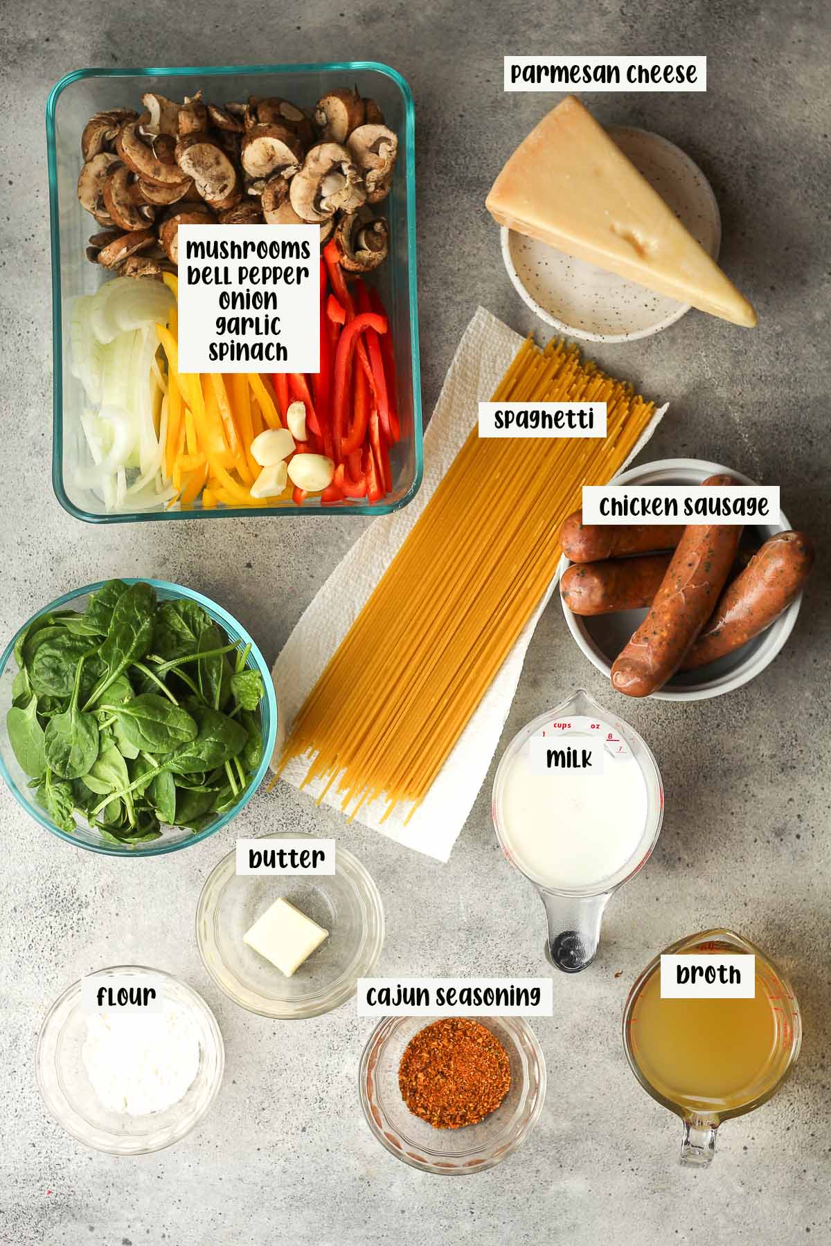 The ingredients (labeled) for cajun chicken sausage pasta.