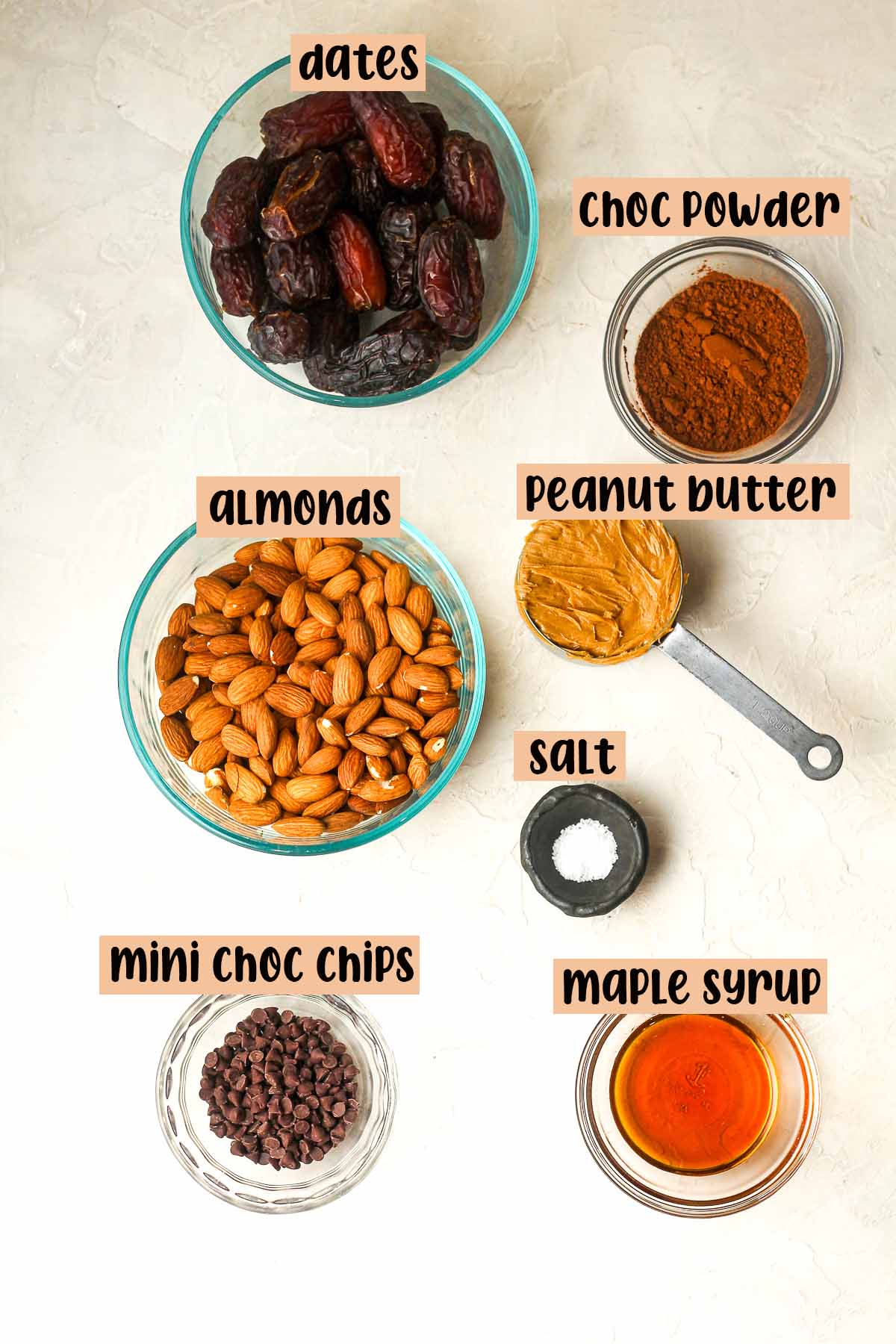 Labeled ingredients for the chocolate bliss balls.