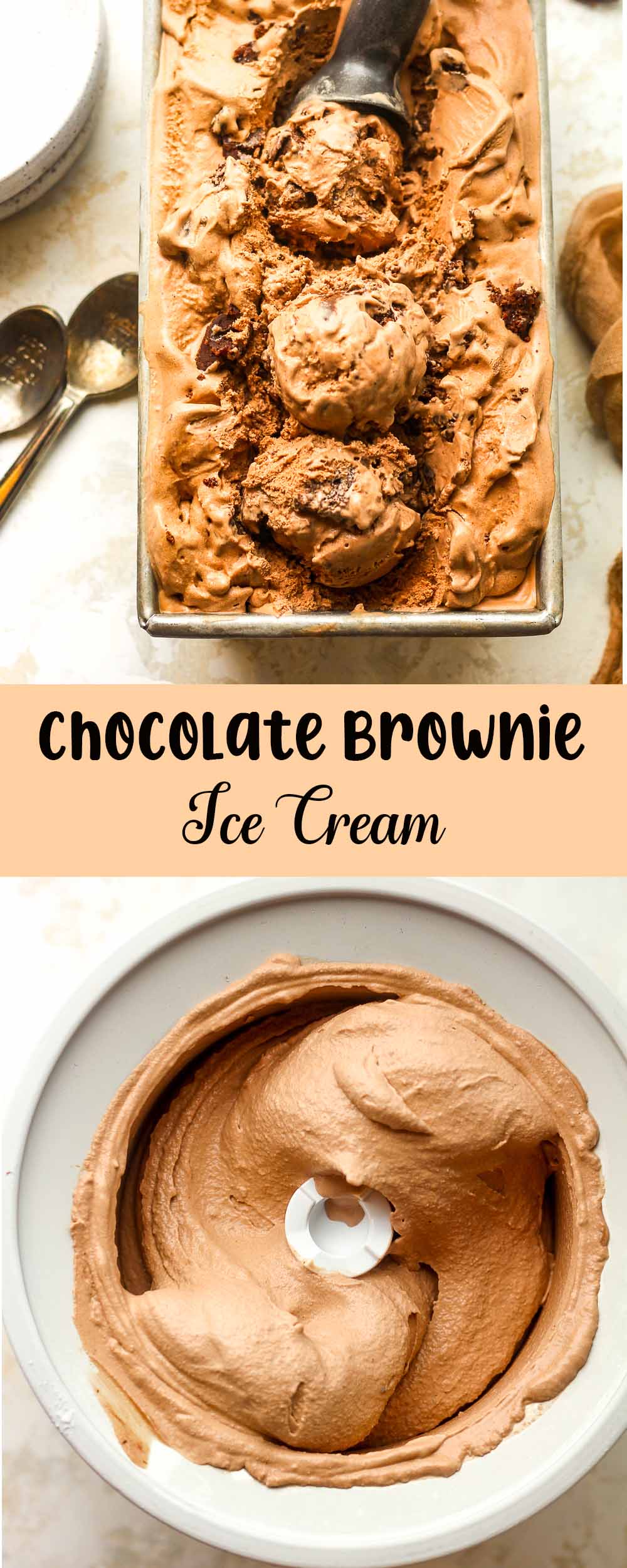 A collage of chocolate brownie ice cream photos.