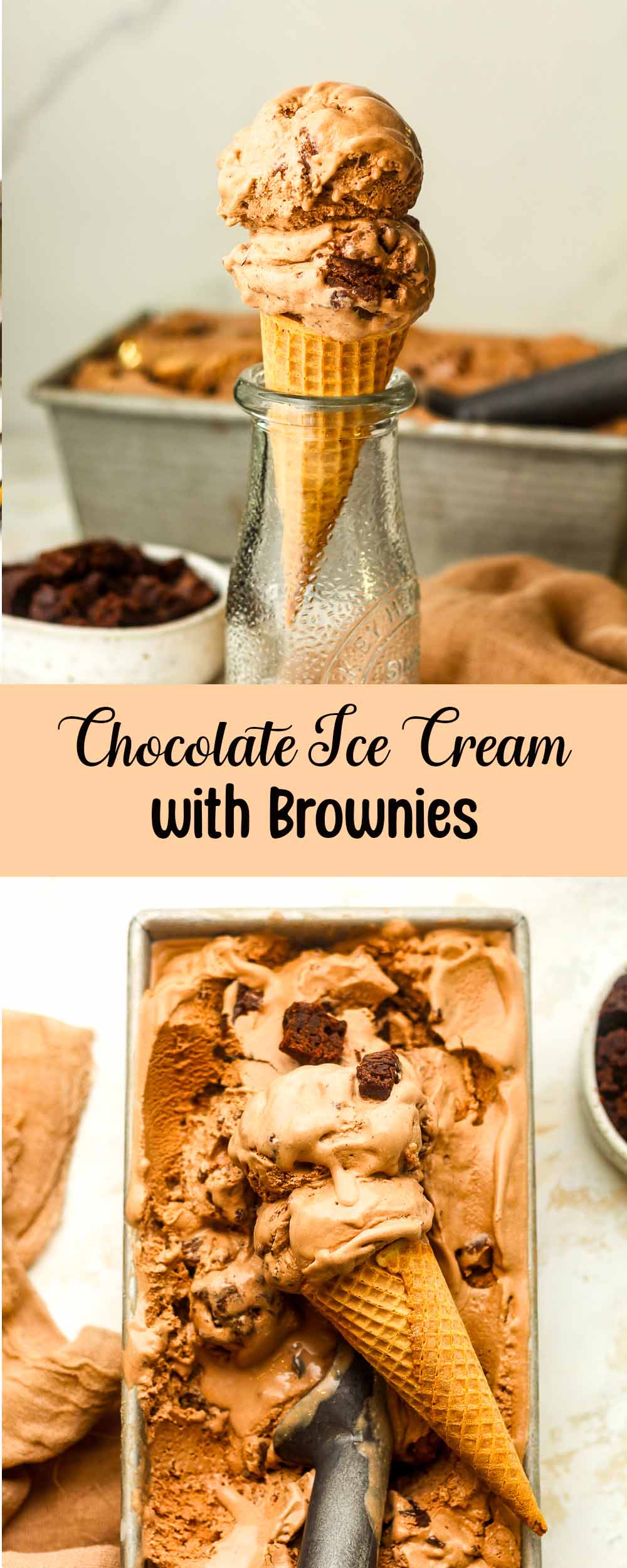 A collage of chocolate ice cream with brownies.