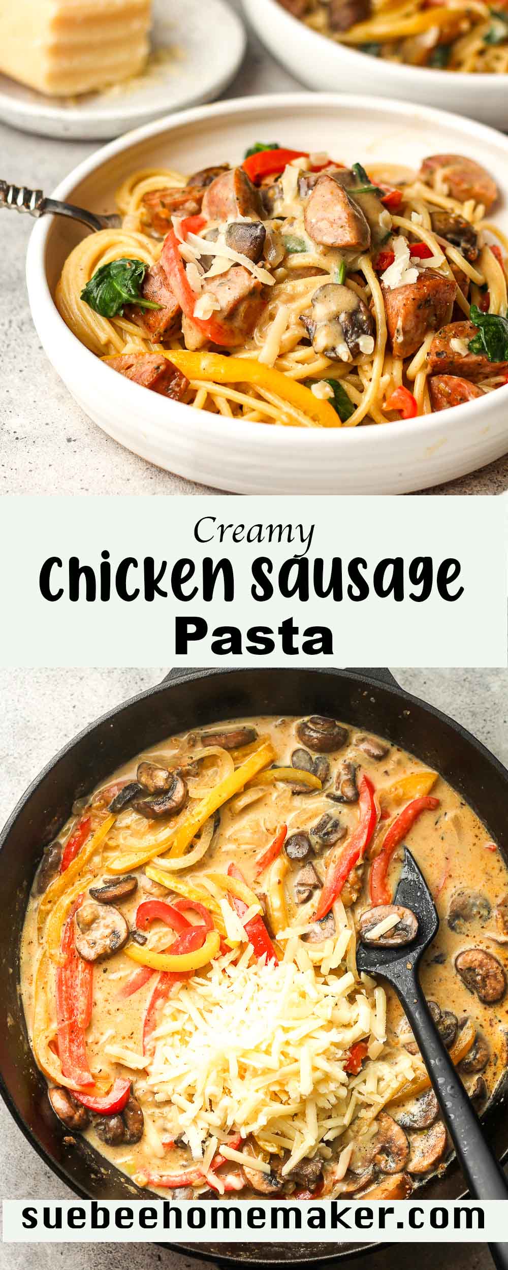 A collage of creamy chicken sausage pasta photos.