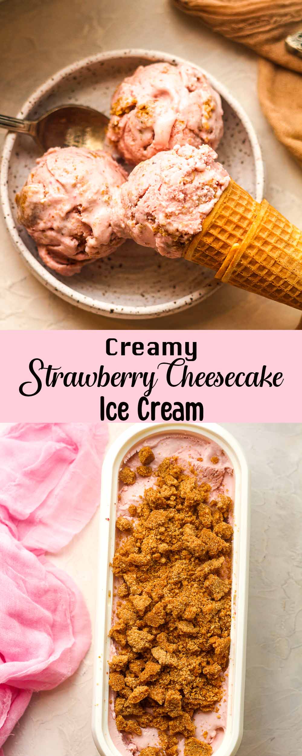 A collage of photos of creamy strawberry cheesecake ice cream.