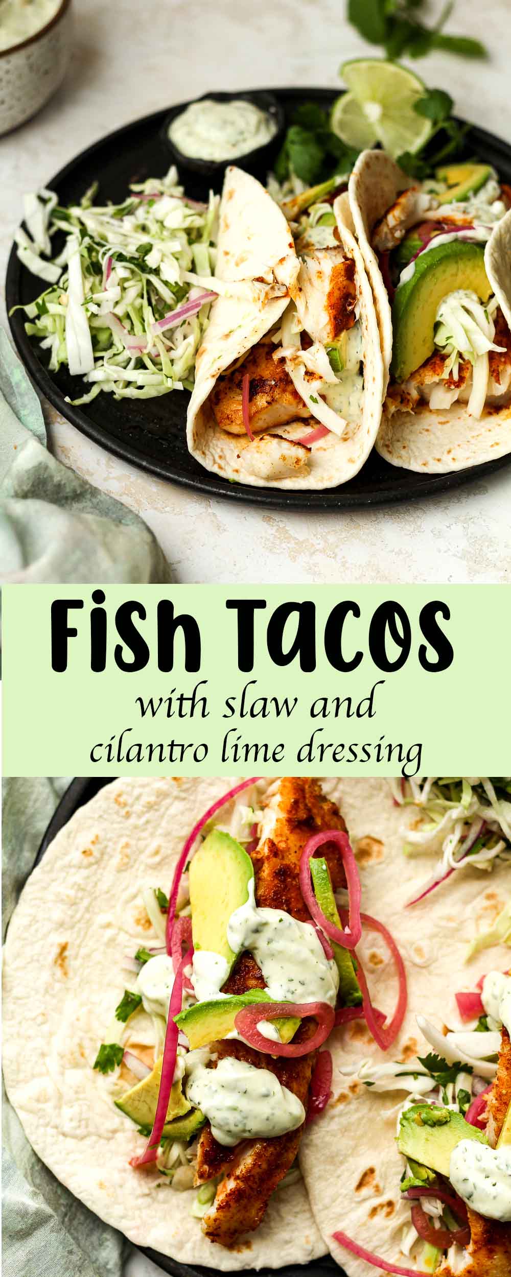 A collage of pics of fish tacos with slaw and dressing.