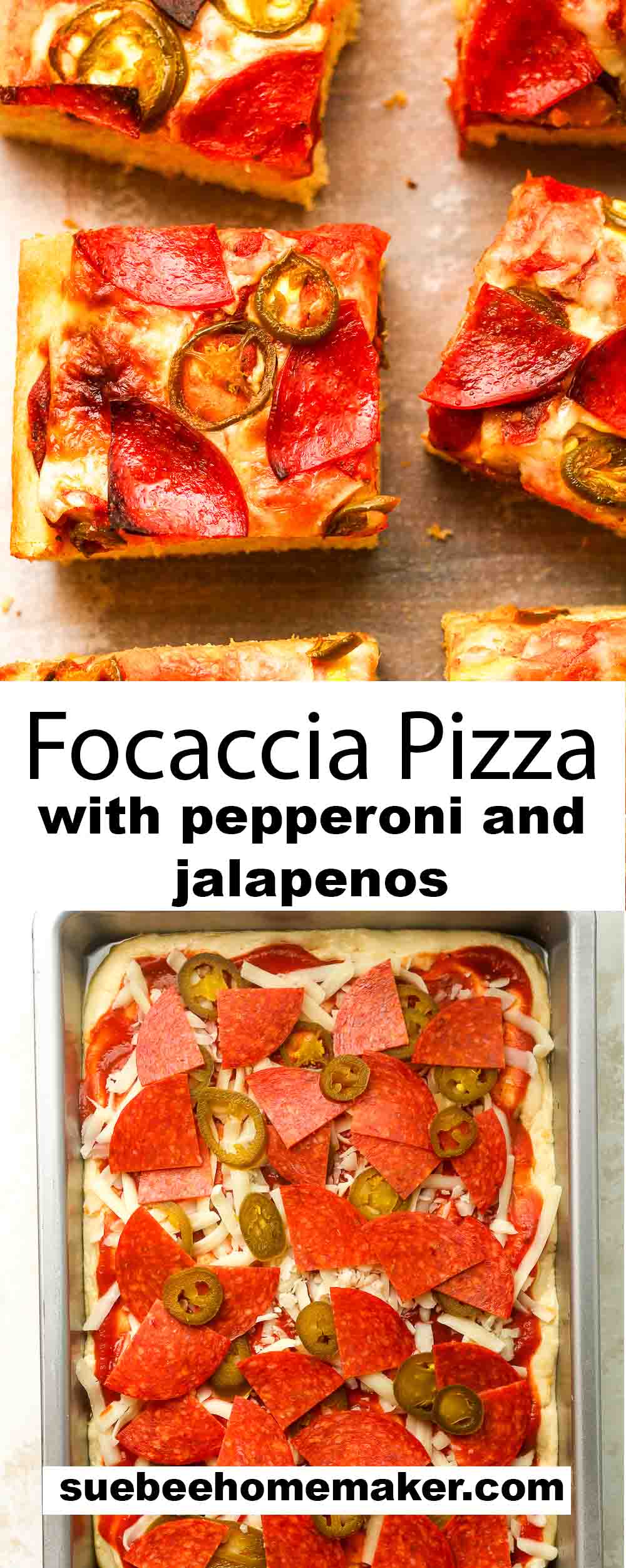 A collage of pics for focaccia pizza with pepperoni and jalapeños.