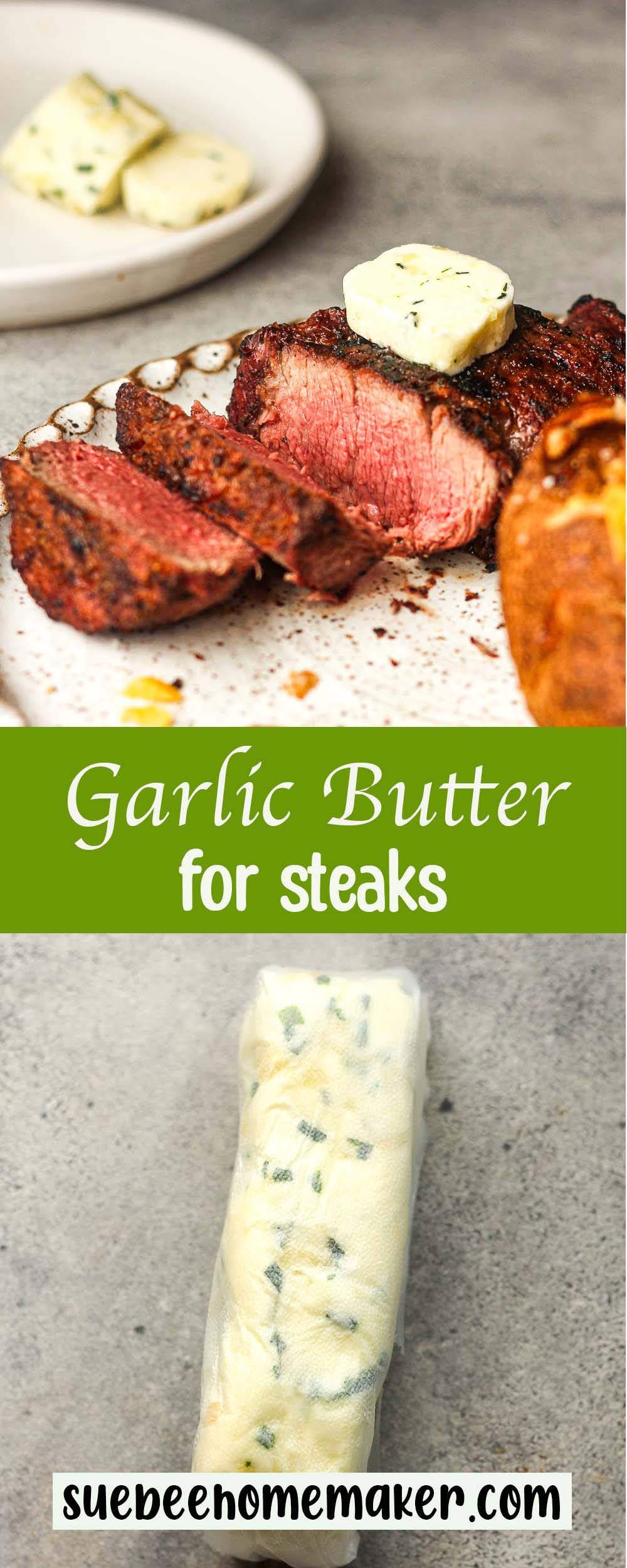 a collage of garlic butter for steaks.