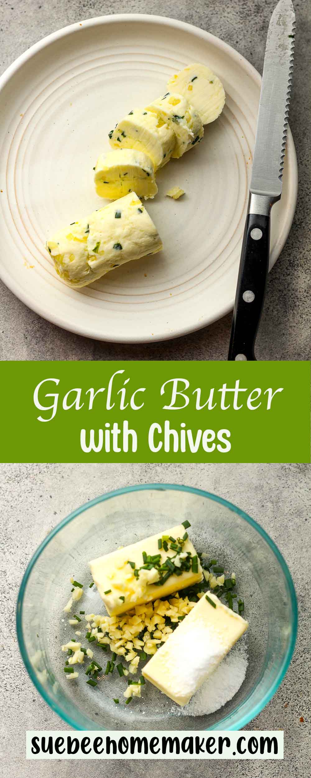 A collage of photos of garlic butter with chives.