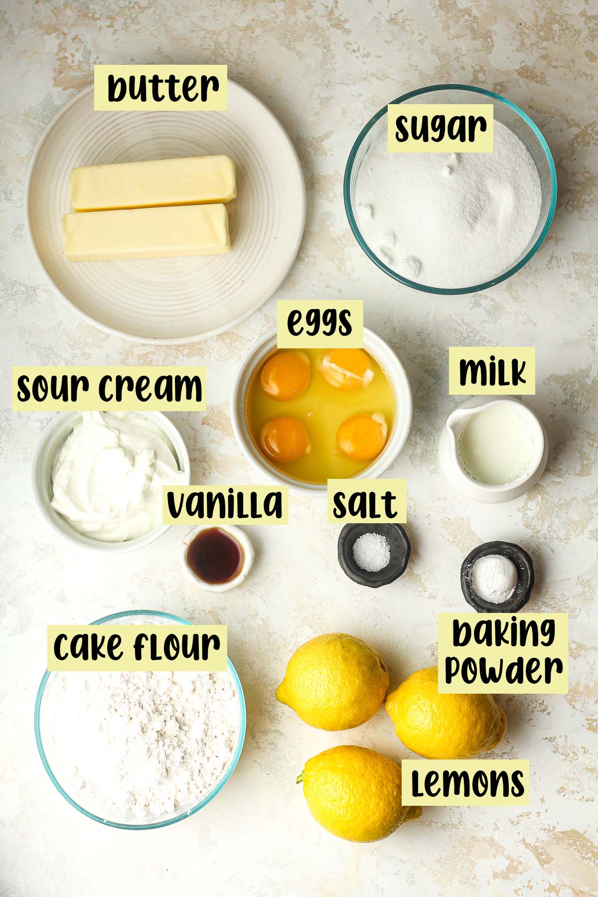Ingredients for lemon bundt cake.