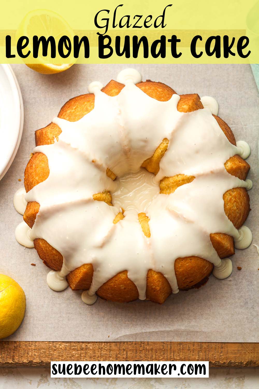 Overhead view of a glazed lemon bundt cake.