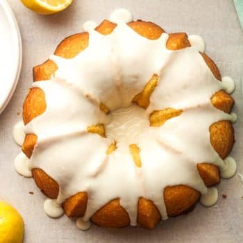 Overhead view of a glazed lemon bundt cake.