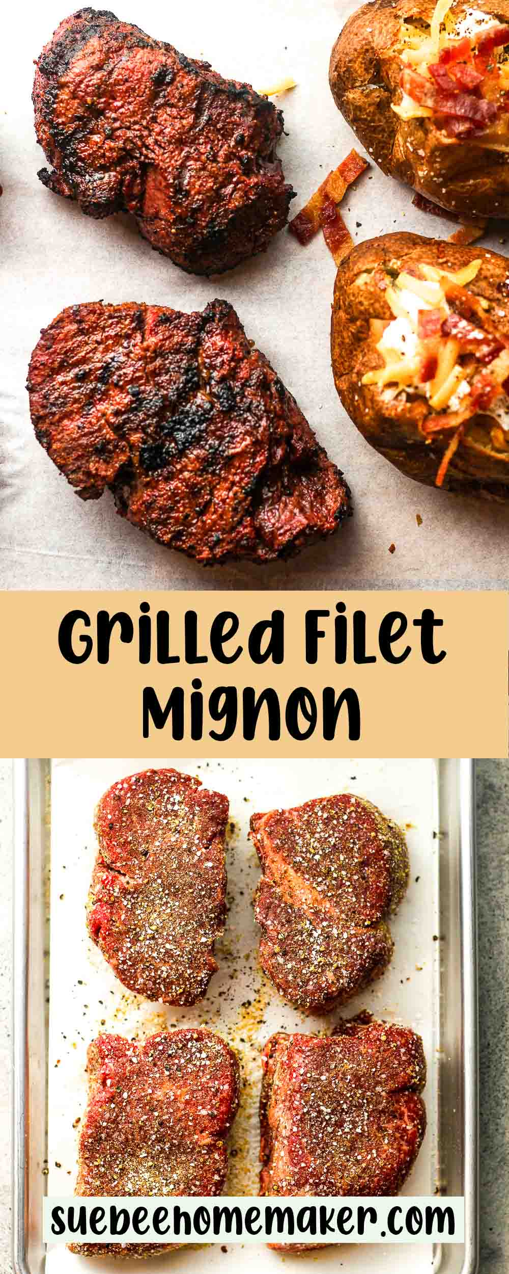 A collage of photos of grilled filet mignon.