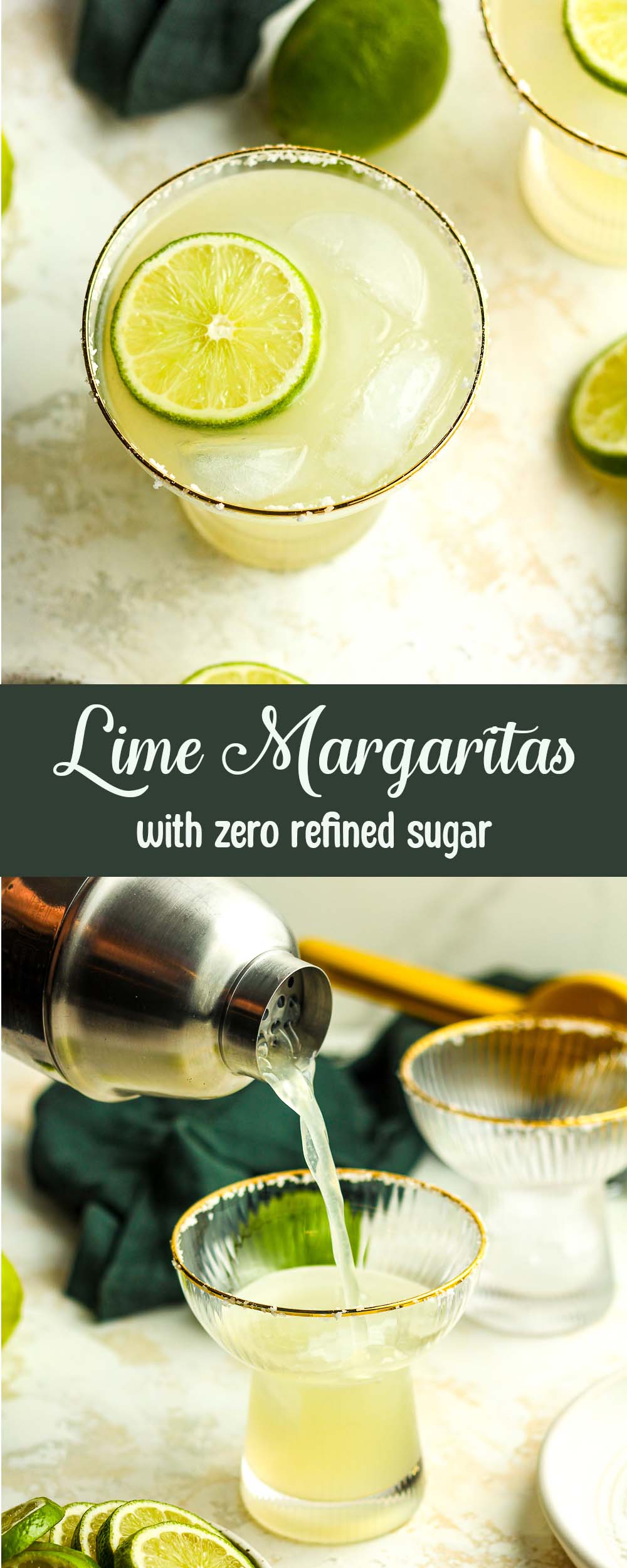 A collage of photos of lime margaritas with zero refined sugar.
