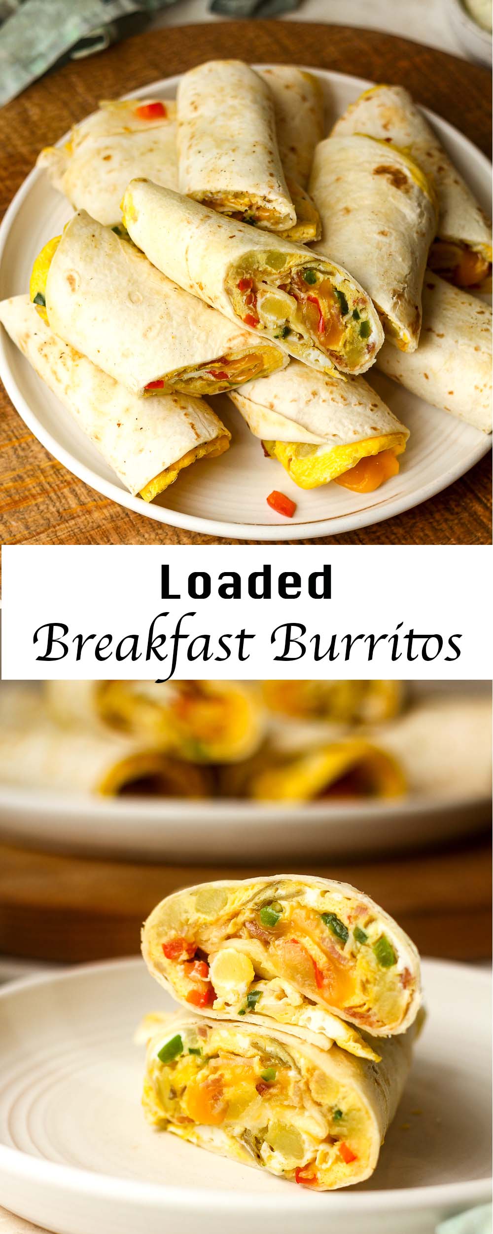 A collage of loaded breakfast burritos.