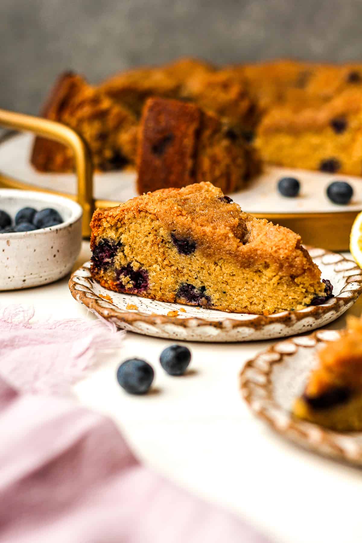 A small plate of a wedge of blueberry lemon coffee cake with the remainder of cake behind it.
