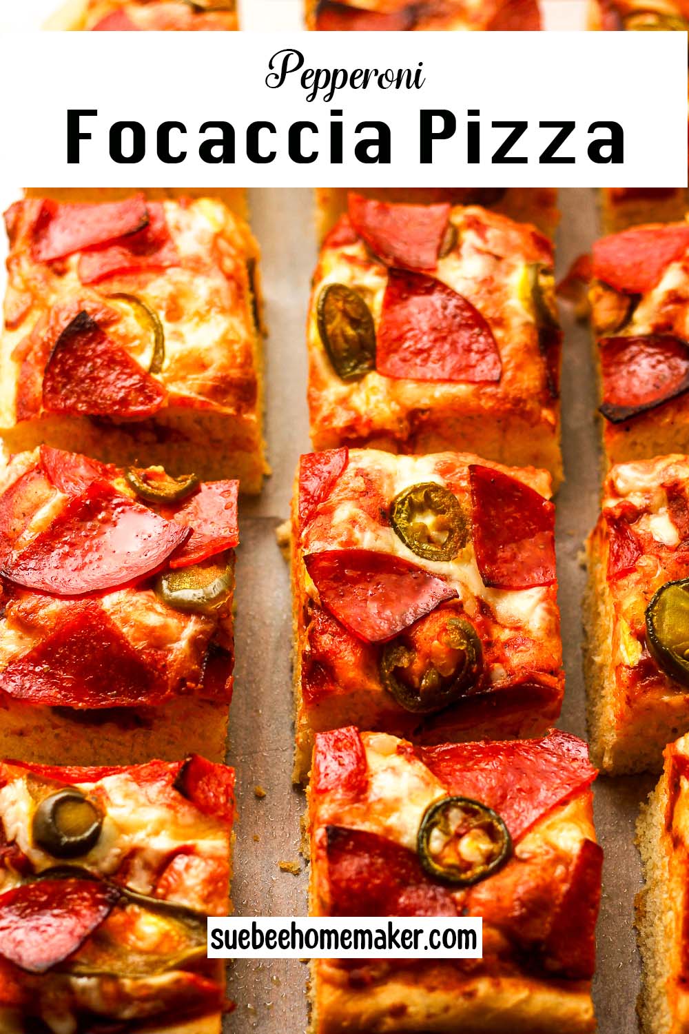 Overhead view of sliced pepperoni focaccia pizza.
