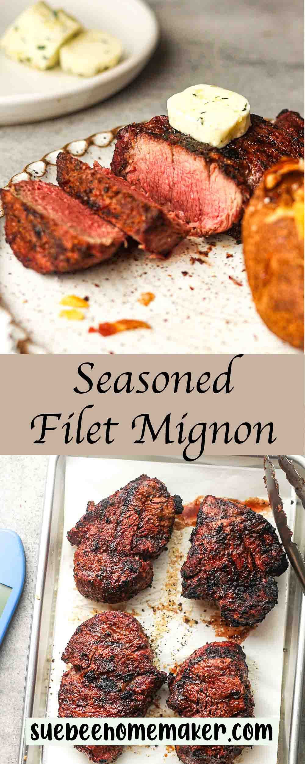A collage of photos of seasoned filet mignon.