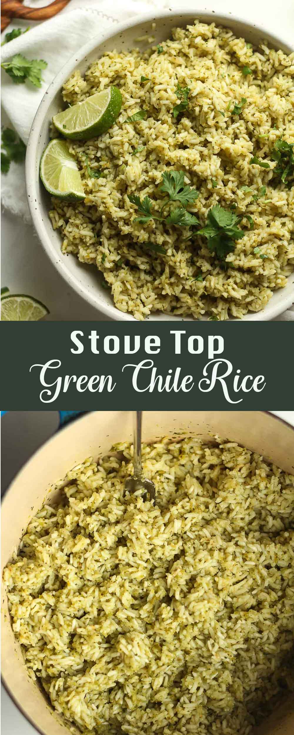 A collage of photos of stove top green Chile rice.