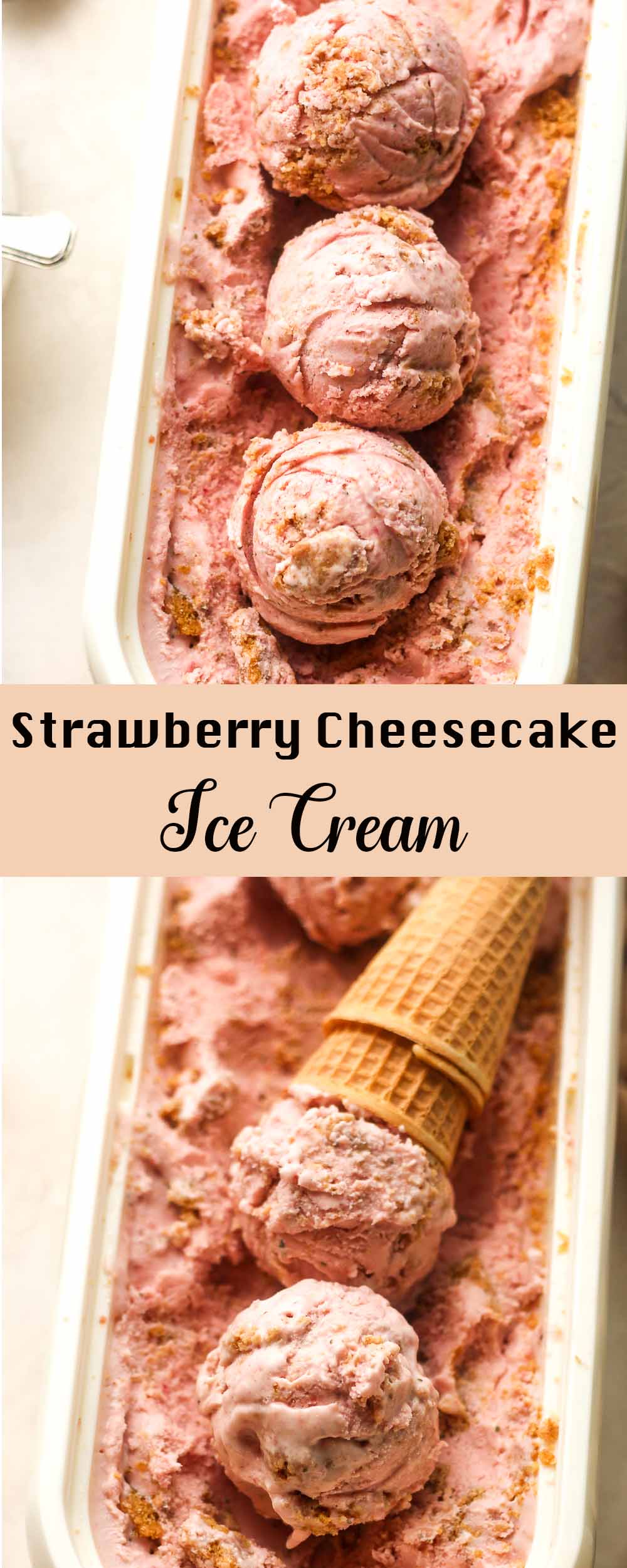 A collage of scoops of strawberry cheesecake ice cream.