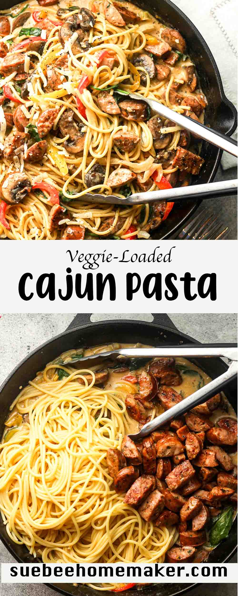 A collage of cajun pasta in a large skillet.