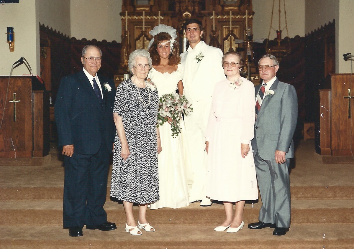 A photo at our wedding with Grandma Justine, Grandpa Raymond, Grandma Helen and Grandpa Wendell.