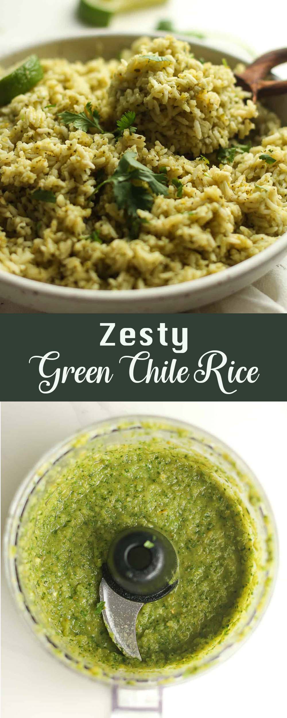 A collage of zest green Chile rice photos.