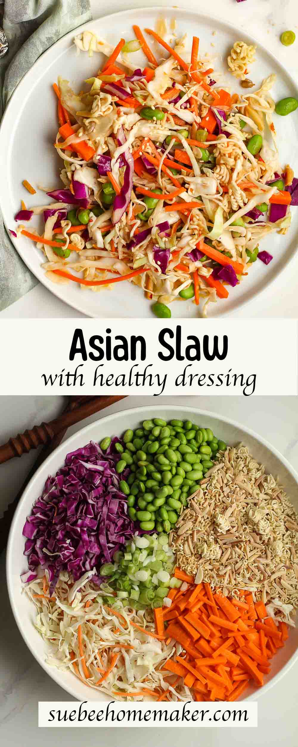 Two photos - Asian slaw with healthy dressing.