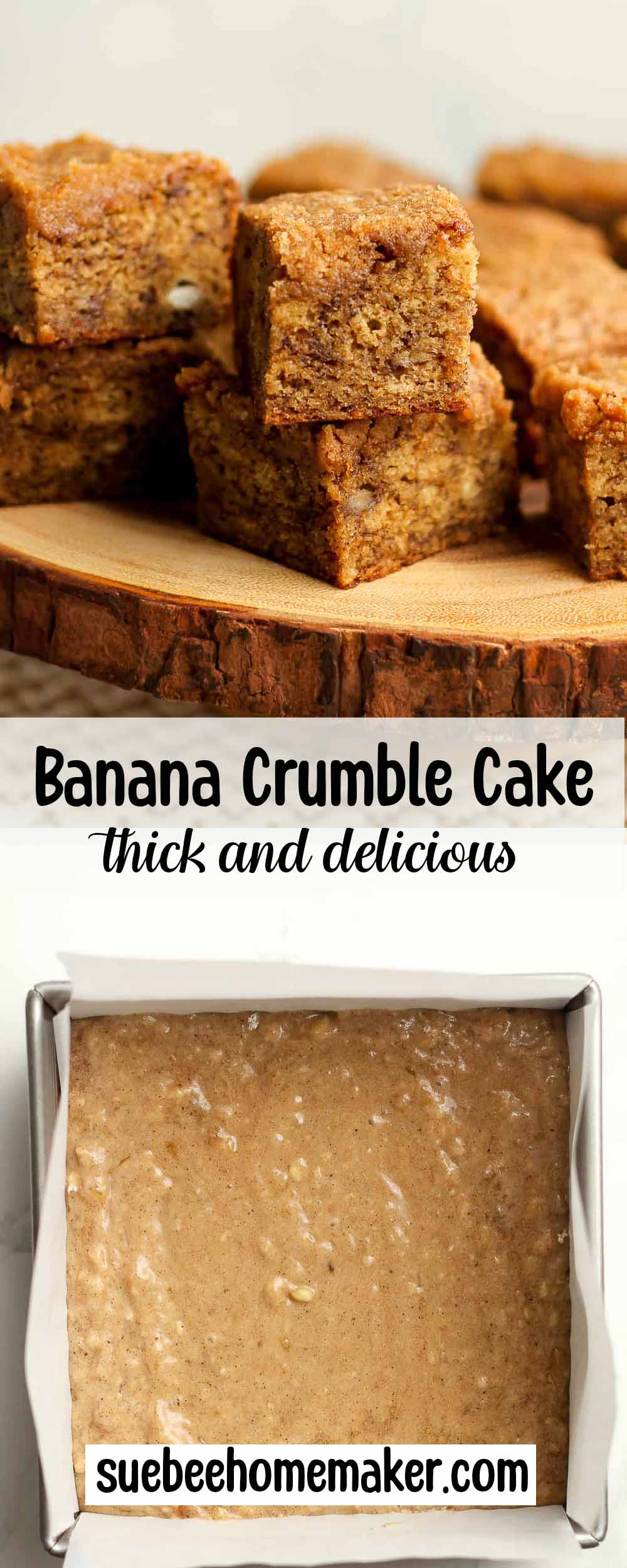 A collage of photos for Banana Crumble Cake.