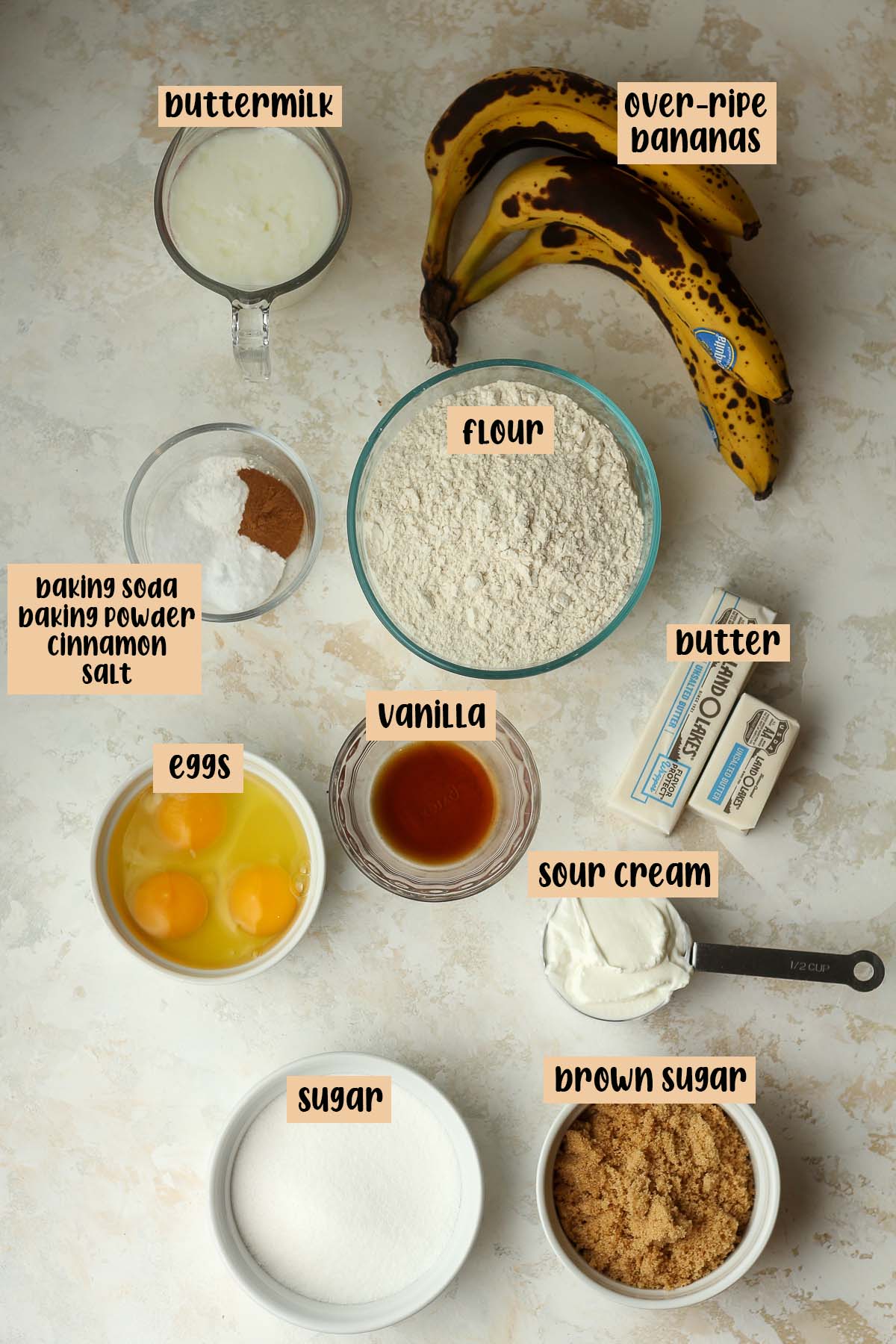 Labeled ingredients for banana layer cake.