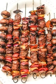 A tray of the grilled beef kabobs.