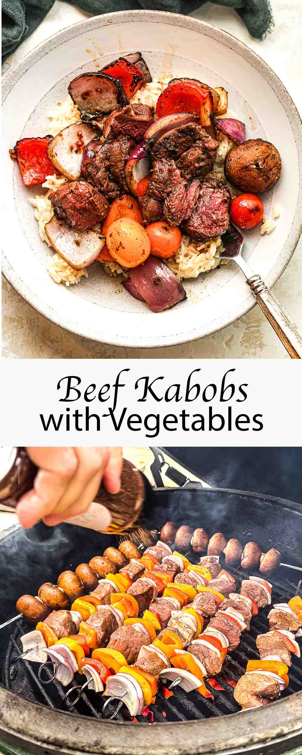 A collage of beef kabobs with vegetables.