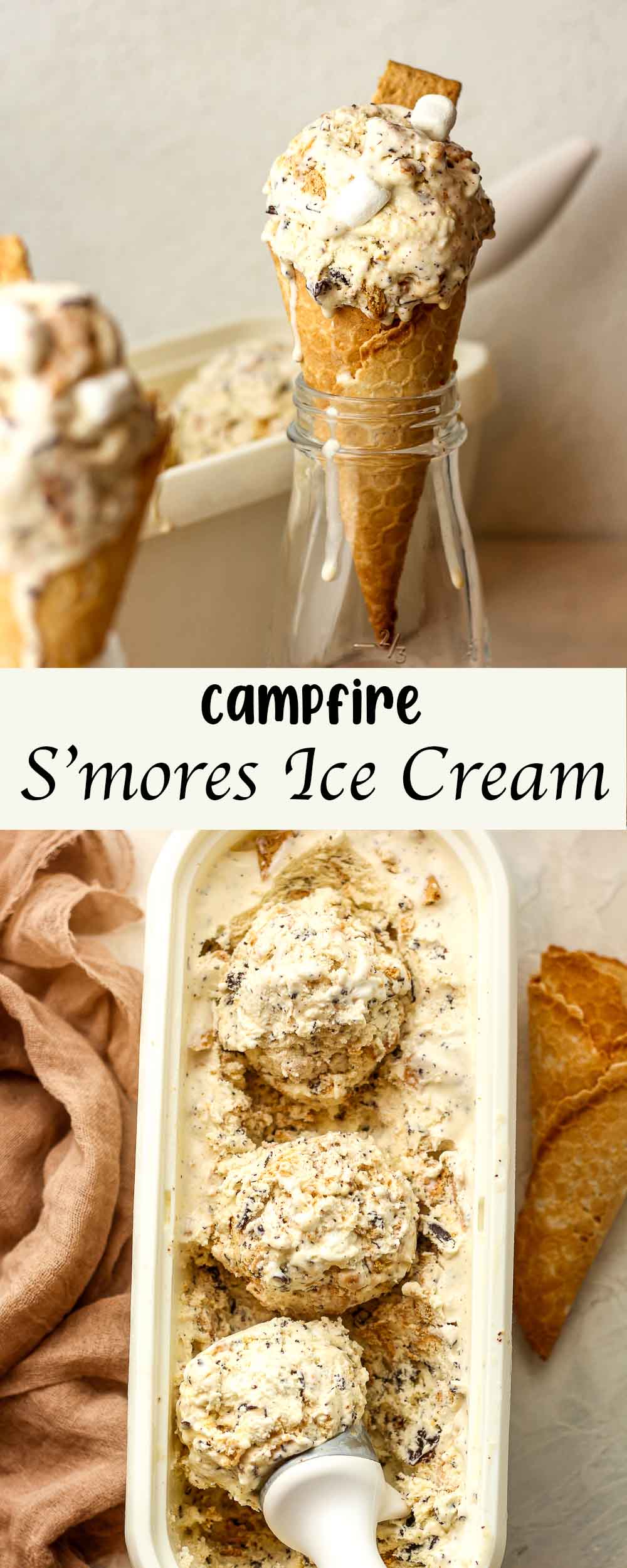A collage of pictures of campfire s'mores ice cream.