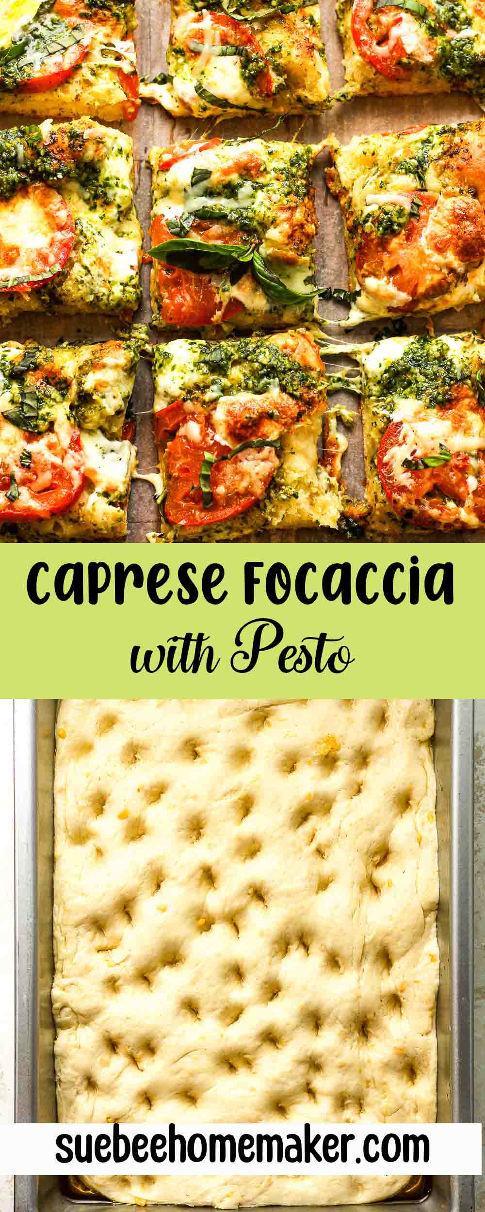 A collage of caprese focaccia with pesto.