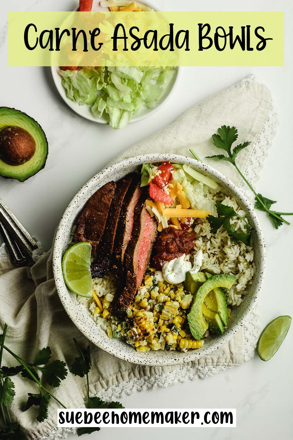 Overhead view of a carne asada bowl with rice and street corn.